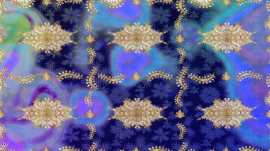 Altın elementli mavi renkler. Çiçek desenli altın metal. Raster altın çiçek süsü brokar kumaş ve cam desenli. Altın deseni çiz.