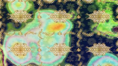 Tarafsız renklerde altın elementlerle çizim. Geleneksel oryantasyon süsü. Klasik Raster Golden eskiz kalıbı. Klasik vintage arkaplan.