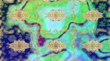 Barok tarzında eskiz oryantal süsü. Geleneksel klasik Raster altın eskiz modeli. Mavi renklerdeki altın elementler.