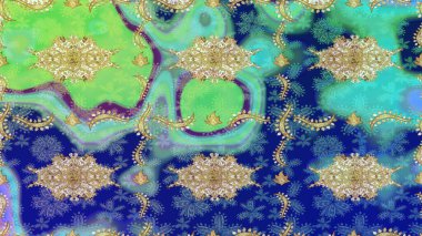 Raster illüstrasyonu. Mavi renkler ve altın elementler üzerine çizim. Geleneksel oryantasyon süsü. Klasik Raster altın desenini çiz. Klasik vintage arkaplan.