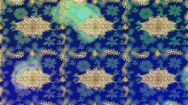 Kraliyet retro 'su mavi renkte. Raster illüstrasyonu. Eskiz kalıbı altın elementler. Altın şablon. Kart, duvar kağıdı, ambalaj ve tekstil için klasik tasarım. Çiçeksel klasik doku.