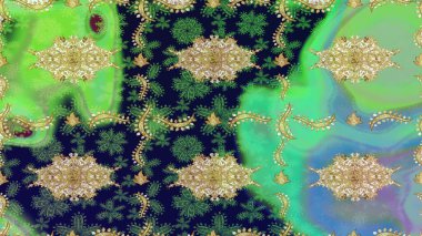 Altın şablonu çiz. Raster oryantal süs. Altın elementlerle yeşil renklerde altın desen.