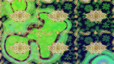 Noel, kar tanesi, yeni yıl. Yeşil renkler ve altın elementler üzerine eskiz modeli. Yeşil renkler ve altın elementler üzerine altın çizim deseni.