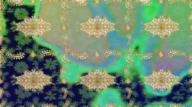 Altın şablon. Yeşil renkte Royal retro. Kart, duvar kağıdı, ambalaj ve tekstil için klasik tasarım. Raster illüstrasyonu. Klasik çiçek dokusu. Altın elementler.