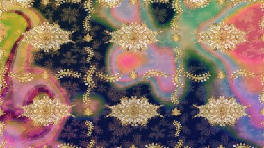 Bej renklerde altın element. Damask çizimi tekrarlanıyor. Antika altın tekrarlanabilir duvar kağıdı. Barok tarzında altın çiçekli süs..