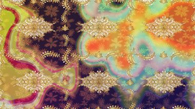 Eskiz desenli oryantal süs. Çiçek kiremitleri. Raster altın tekstil baskısı. İslam tasarımı. Altın elementlerle kahverengi renklerde altın desen.