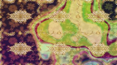 Kahverengi renklerde altın desenler ve altın elementler. Altın şablonu çiz. Raster doğulu süsü.