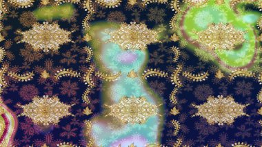 Raster eskiz deseni, altın antika ortaçağ dekoratifi, yapraklar ve mavi renklerde altın desenli süslemeler. Kraliyet lüksü, altın barok kumaş rengi..