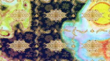 Doğu tarzı arabesk. Parlak dantel, stilize çiçekler, şal desenli. Raster. Hassas altın deseni açın. Altın desenli bukleler çiz. Tarafsız renklerde altın elementlerle çizim deseni.