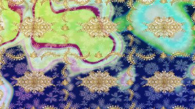 Mavi renklerdeki altın elementler. Şık bir grafik desen. Skeç raster arka planı. Çiçek deseni. Duvar kâğıdı barok, İspanyol kumaşı.