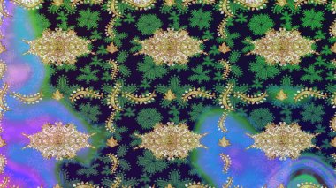 Doğum günü kartı, davetiye ya da afiş için iyidir. Raster illüstrasyonu. Ortaçağ çiçek desenini çiz. Gri renklerde altın. Dekoratif simetri arabesk.