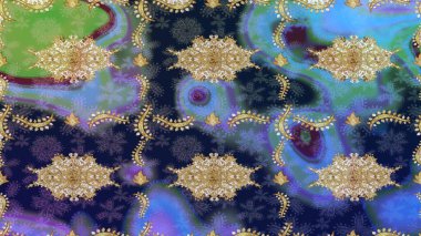 Raster oryantal süs. Altın elementlerle mavi renklerde altın desen. Altın deseni çiz.