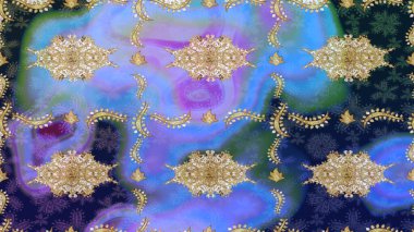 Altın çiçekli eskiz deseni. Mavi renkte altın bir element. Damask arkaplanı. Barok tarzında altın çiçekli süs..