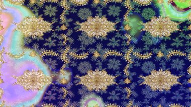 Skeç raster arka planı. Mavi renklerdeki altın elementler. Şık bir grafik desen. Duvar kâğıdı barok, İspanyol kumaşı. Çiçek deseni.