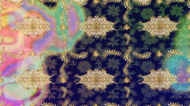 Süslü raster dekorasyonu. Gri renklerdeki altın element. Gri yerine altın rengi barok çiçekli eskiz deseni. Lüks, kraliyet ve Viktorya dönemi konsepti.