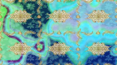 Damask altın soyut çiçek deseni mavi renkte. Raster illüstrasyonu. Süsleme.