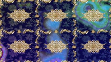 Geleneksel oryantasyon süsü. Mavi renkler ve altın elementler üzerine çizim. Klasik klasik klasik arka plan. Klasik Raster altın eskiz modeli..