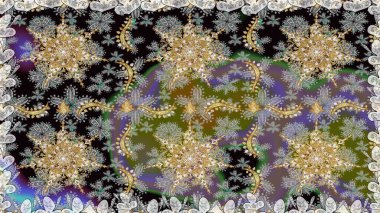 Doğu tarzı arabesk. Parlak dantel, stilize çiçekler, şal desenli. Gri renklerde, altın elementlerle kusursuz desen. Kusursuz altın desenli bukleler. Hassas altın deseni açın. Raster..