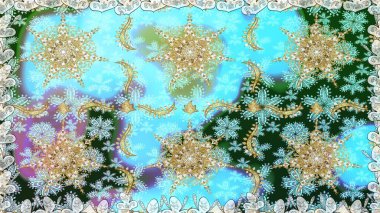 Raster illüstrasyonu. Kusursuz desenli altın elementler. Kart, duvar kağıdı, ambalaj ve tekstil için klasik tasarım. Klasik çiçek dokusu. Kraliyet retro 'su mavi renkte. Altın şablon.