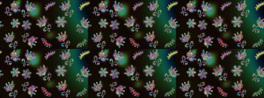 Raster suluboya çiçek deseni, narin çiçekler, siyah, gri ve yeşil çiçekler, tebrik kartı şablonu. Güzel kumaş deseni.