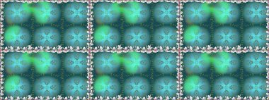 Raster - stok. Kusursuz bir arka plan modeli. Yapraklı çiçekler ve mavi renkli papatya çiçekleri..