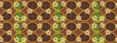 Raster illüstrasyonu. Kahverengi, sarı ve yeşil renkli kar taneleri. Yılbaşı Biçimi.