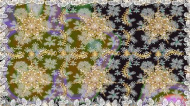 Klasik oryantal desen gri renklerden üstündür. Geleneksel raster ve altın desen. Damask pürüzsüz süsü.