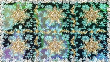 Çiçekli süslemeli, pürüzsüz bir desen. Süslü dantel iz sürücü. Duvar kâğıdı için altın süslü bir illüstrasyon. Doğu tarzında klasik tasarım öğesi. Tarafsız renkler üzerine geleneksel Arapça dekor.