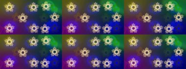 Mavi, yeşil ve mor renkli kristal kar taneleri. Raster illüstrasyonu.