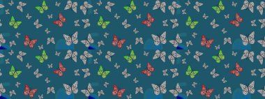 Kızlar, erkekler, elbiseler, duvar kağıtları için soyut çizim kalıpları. Raster illüstrasyonu. Farklı yönlere uçan renkli kelebek koleksiyonu..