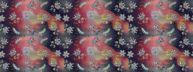 Çok gri, kahverengi ve pembe zarif küçük çiçekler ve gri, kahverengi ve pembe renkli komik böcekler, raster desen, illüstrasyon.