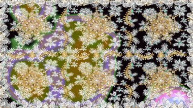 Raster illüstrasyonu. Dekoratif simetri arabesk. Tarafsız renklerde altın. Doğum günü kartı, davetiye ya da afiş için iyidir. Kusursuz ortaçağ çiçek desenleri..