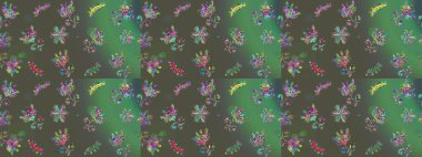 Çiçek buketleriyle klasik bir eskiz şekli. Raster illüstrasyonu. Gri, yeşil ve mavi renklerde.