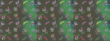 Çiçek buketleriyle klasik bir eskiz şekli. Raster illüstrasyonu. Gri, yeşil ve mavi renklerde.