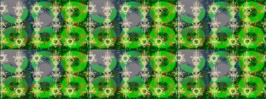 Bokeh yeşili, gri, sarı ve kar taneleriyle dekoratif Noel arkaplanı. Raster illüstrasyonu.