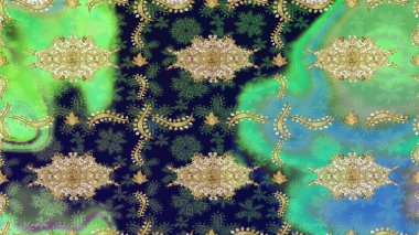 2019 Noel 'i, kar tanesi, yeni yıl. Altın elementli yeşil renkte klasik eskiz deseni.