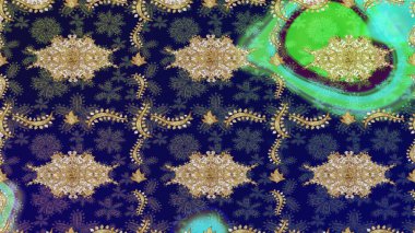 Çiçek süsü kumaş deseni, cam, altın elementli mavi renklerde çiçek desenli metal. Klasik Raster altın eskiz modeli..