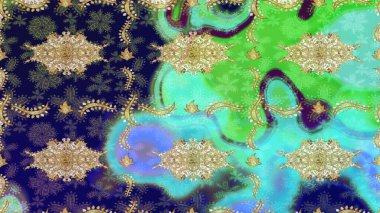 Mavi renkli ve altın elementli Raster eskiz deseni. Tasarım için Damask çizim deseni.