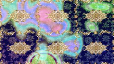 Mavi renkli ve altın elementli klasik eskiz deseni. Raster illüstrasyonu.