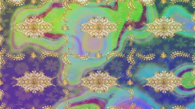 Raster. Altın desenli bukleler çiz. Doğu tarzı arabesk. Hassas altın deseni açın. Tarafsız renklerde altın elementlerle çizim. Parlak dantel, stilize çiçekler, şal desenli.