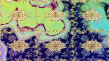 Kına dövmeli süs çiçekleri, altın çıkartmalar, mehndi ve yoga tasarımı, kartlar ve parmak izleri. Tarafsız renklerde desen. Raster Golden Mehndi eskiz kalıbı.