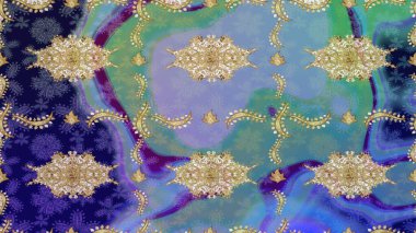 Geleneksel oryantasyon süsü. Klasik Raster Golden eskiz kalıbı. Mavi renkler ve altın elementler üzerine çizim. Klasik vintage arkaplan.