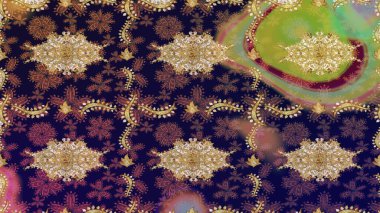 Altın şablonu çiz. Raster oryantal süs. Gri renkli ve altın elementli çizim deseni.