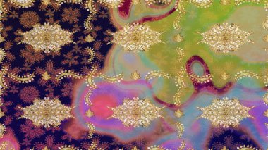 Altın elementlerle nötr renklerde altın desen. İslam tasarımı. Raster altın tekstil baskısı. Eskiz desenli oryantal süs. Çiçek karoları.