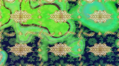 Tekrarlayan ögelerle soyut arkaplan çiz. Yeşil ve altın desenli. Zarif raster klasik desen.