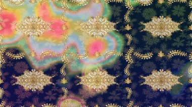 Süslü raster dekorasyonu. Lüks, kraliyet ve Viktorya dönemi konsepti. Mavi renklerdeki altın element. Mavi yerine altın rengi barok çiçekli çizim deseni..