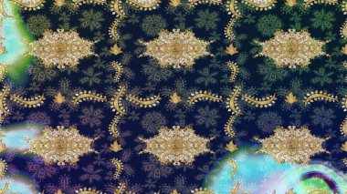 Mavi renkler ve altın elementler üzerine çizim. Klasik klasik klasik arka plan. Geleneksel oryantasyon süsü. Klasik Raster altın desenini çiz.