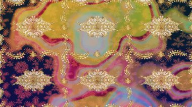 Raster illüstrasyonu. Bej renkli ve altın elementli klasik eskiz deseni.