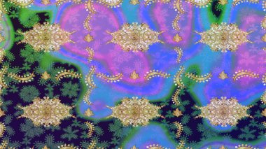 Menekşe renklerinde altın tekrarlayan elementlerle soyut arkaplan. Eskiz oryantal klasik altın desen.