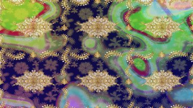 Doğu tarzı arabesk. Altın desenli bukleler çiz. Parlak dantel, stilize çiçekler, şal desenli. Raster sanatı. Yeşil renkler ve altın elementler üzerine çizim. Zarif altın deseni aç.